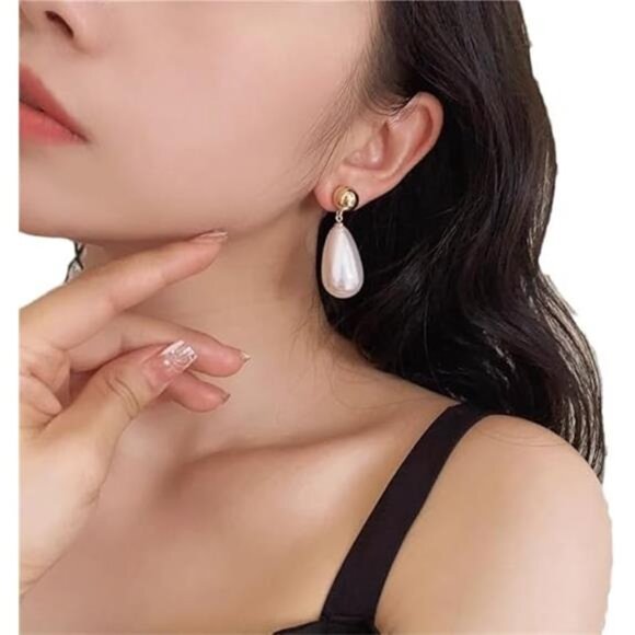 Pearl Chunky Waterdrop Earrings – Elegant Gold Alloy Design, Statement - Picture 3 of 6